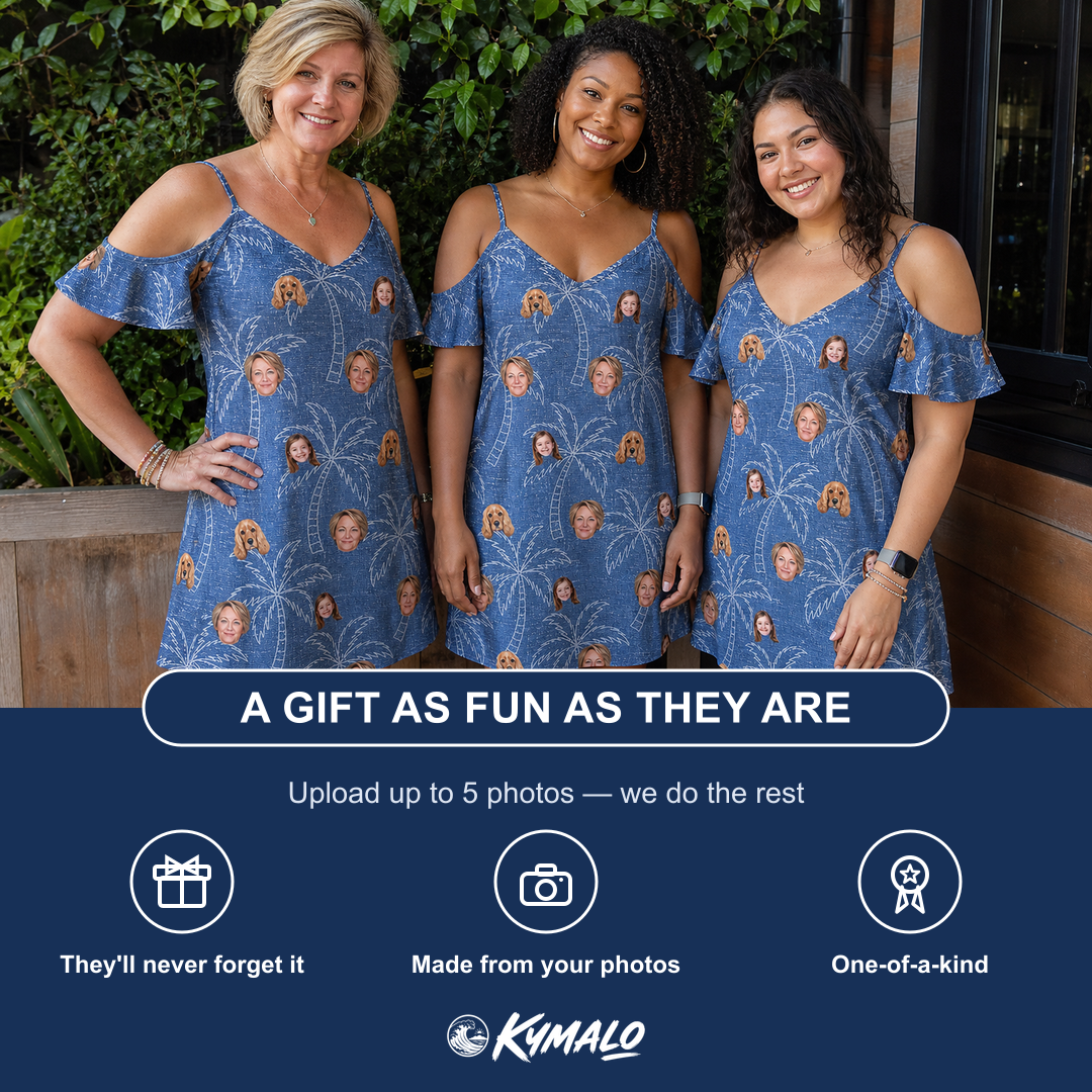 Friends in matching Women's Aloha Arbor Custom Face Off-Shoulder Dress — a group gift photo