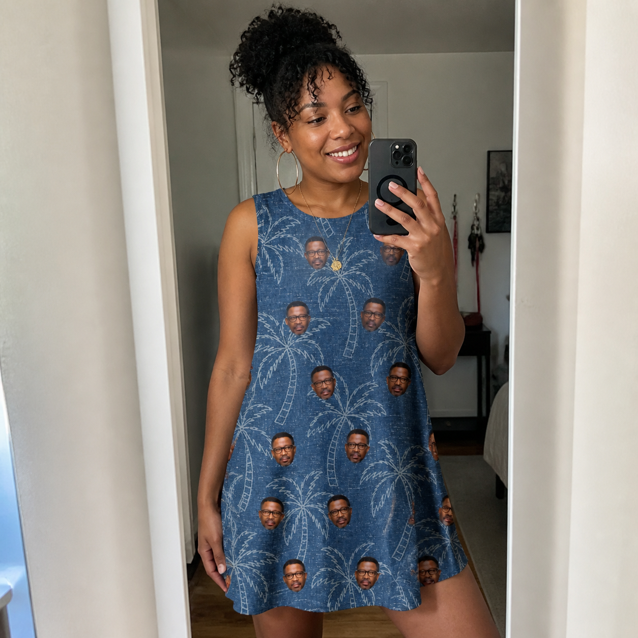 Real-life photo of someone wearing Women's Aloha Arbor Custom Face Tank Dress — custom faces printed all-over