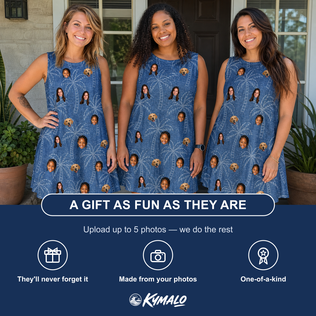 Friends in matching Women's Aloha Arbor Custom Face Tank Dress — a group gift photo