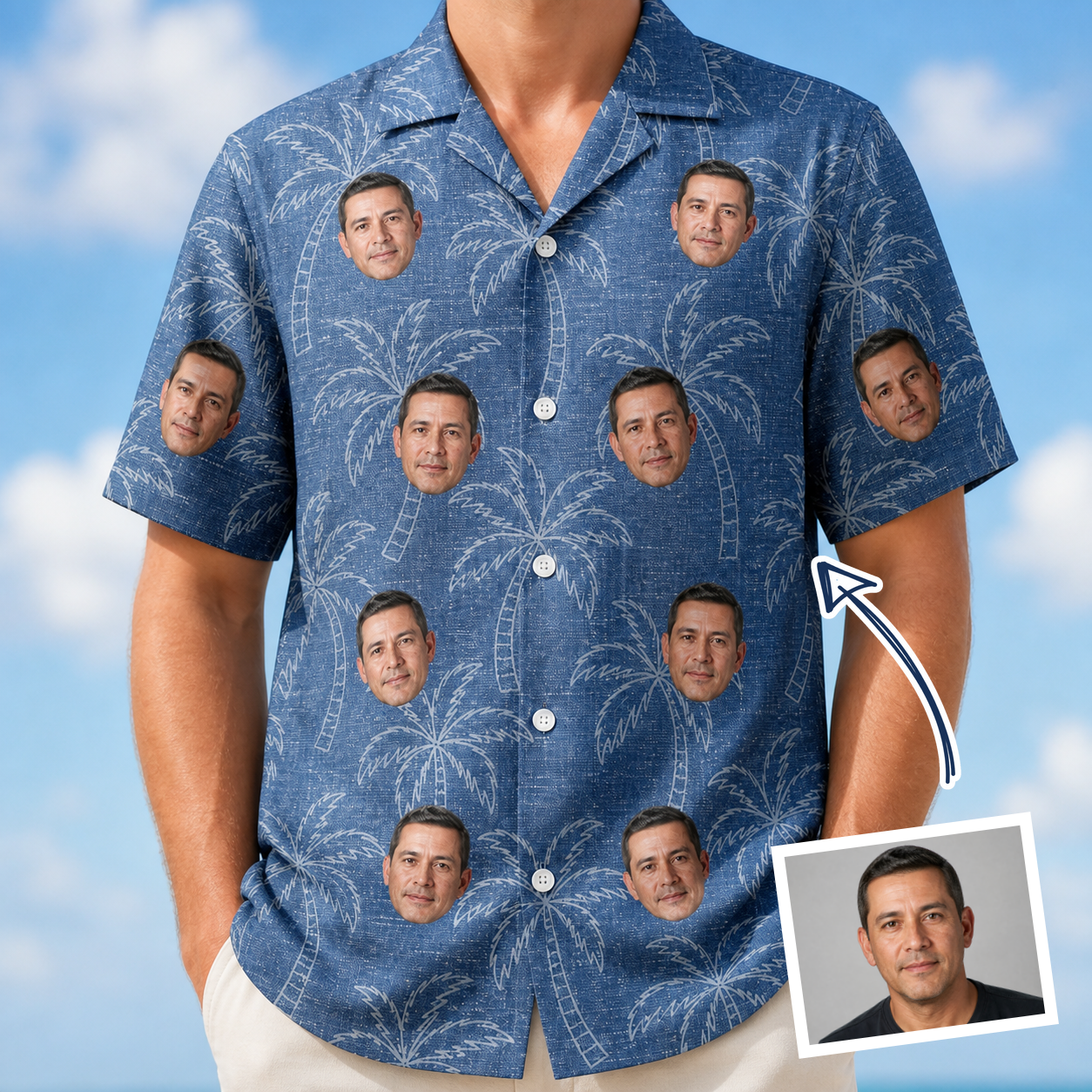 Man wearing Men's Aloha Arbor Custom Face Hawaiian Shirt — custom faces printed all-over