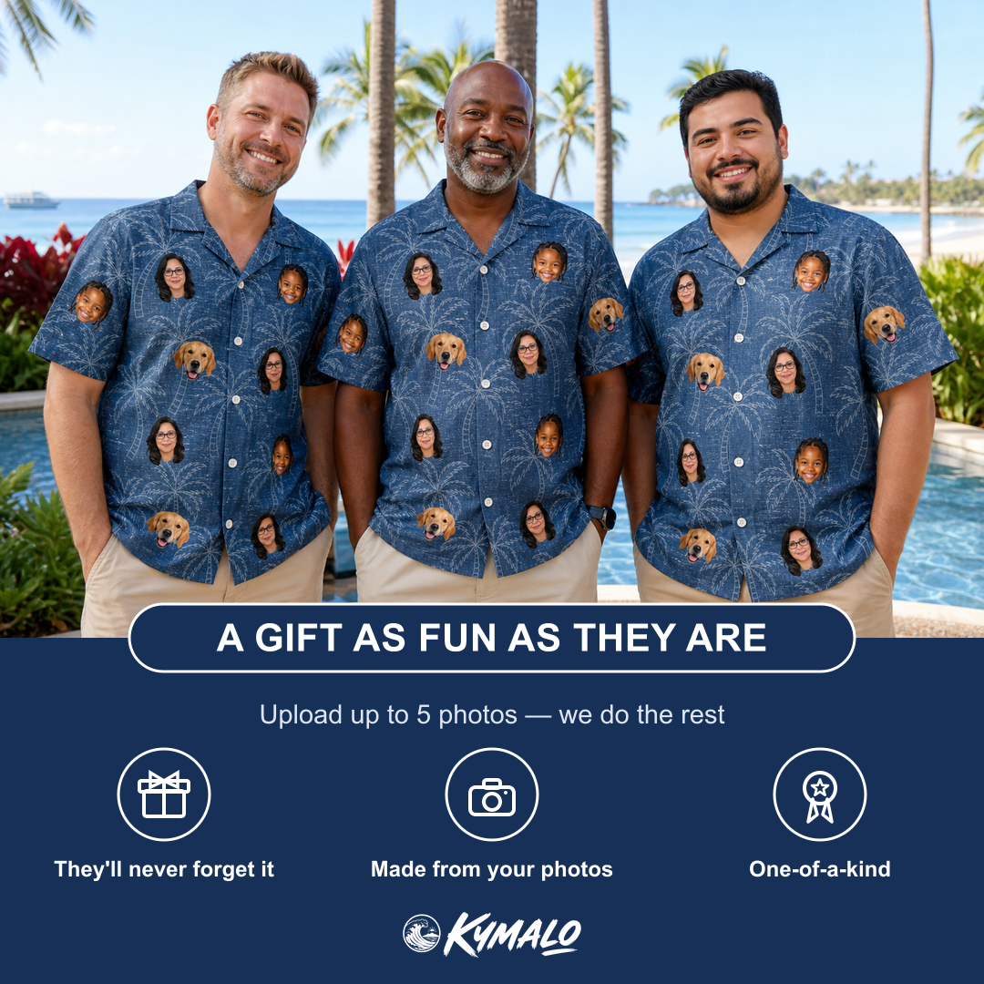 Friends in matching Men's Aloha Arbor Custom Face Hawaiian Shirt — a group gift photo