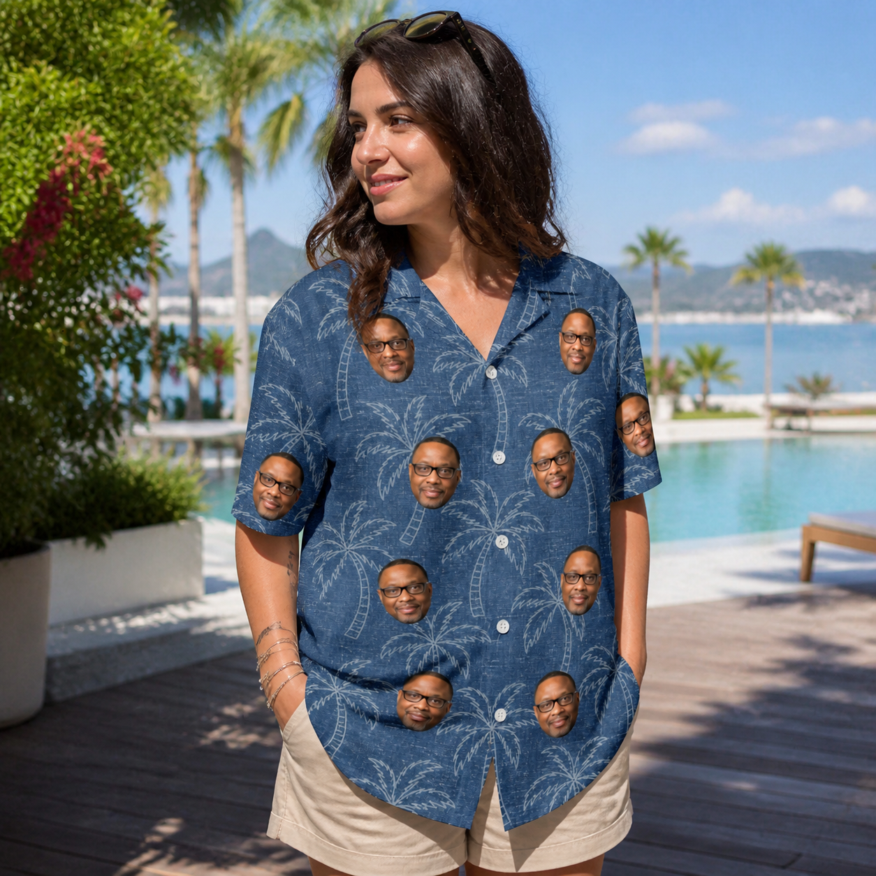 Real-life photo of someone wearing Women's Aloha Arbor Custom Face Hawaiian Shirt — custom faces printed all-over
