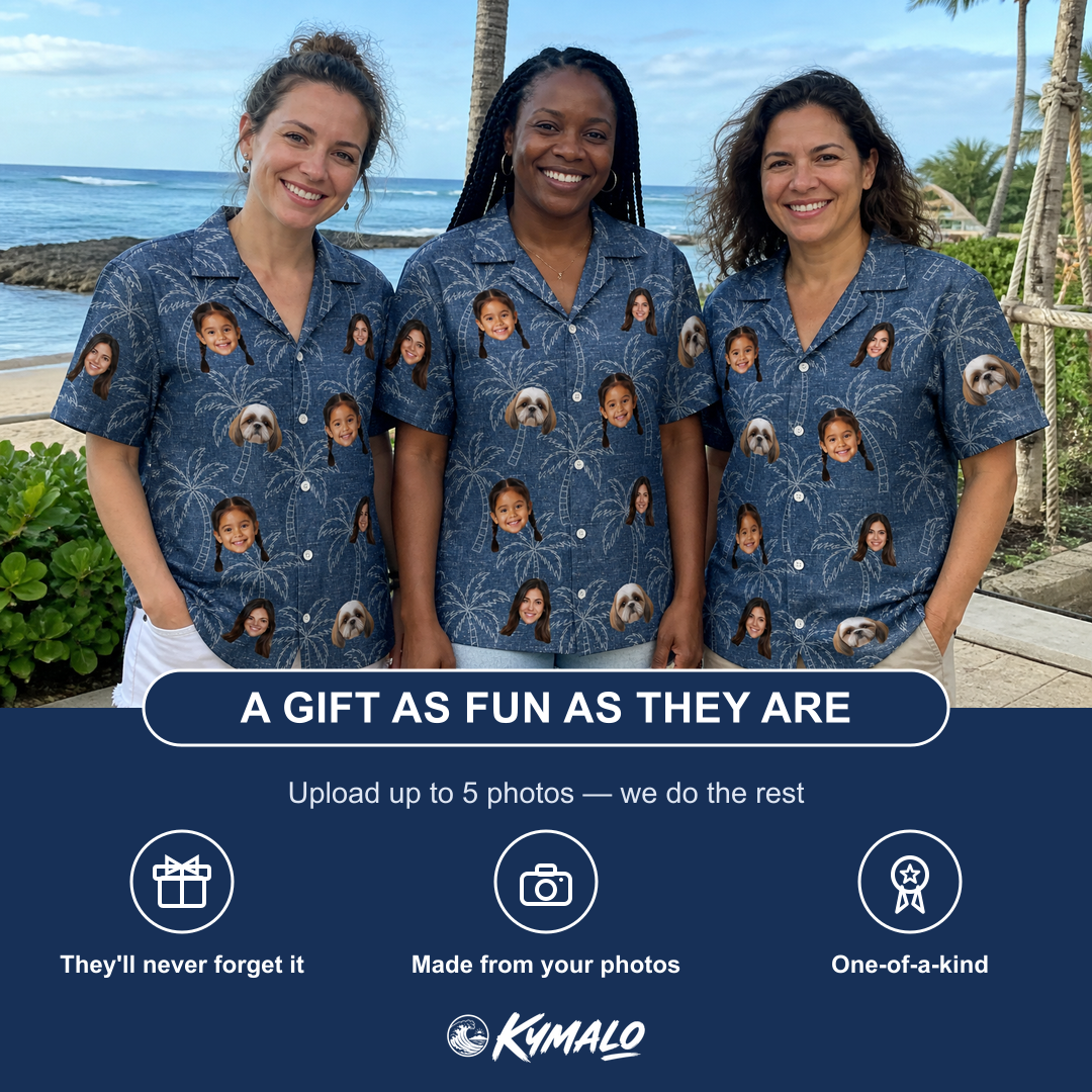 Friends in matching Women's Aloha Arbor Custom Face Hawaiian Shirt — a group gift photo