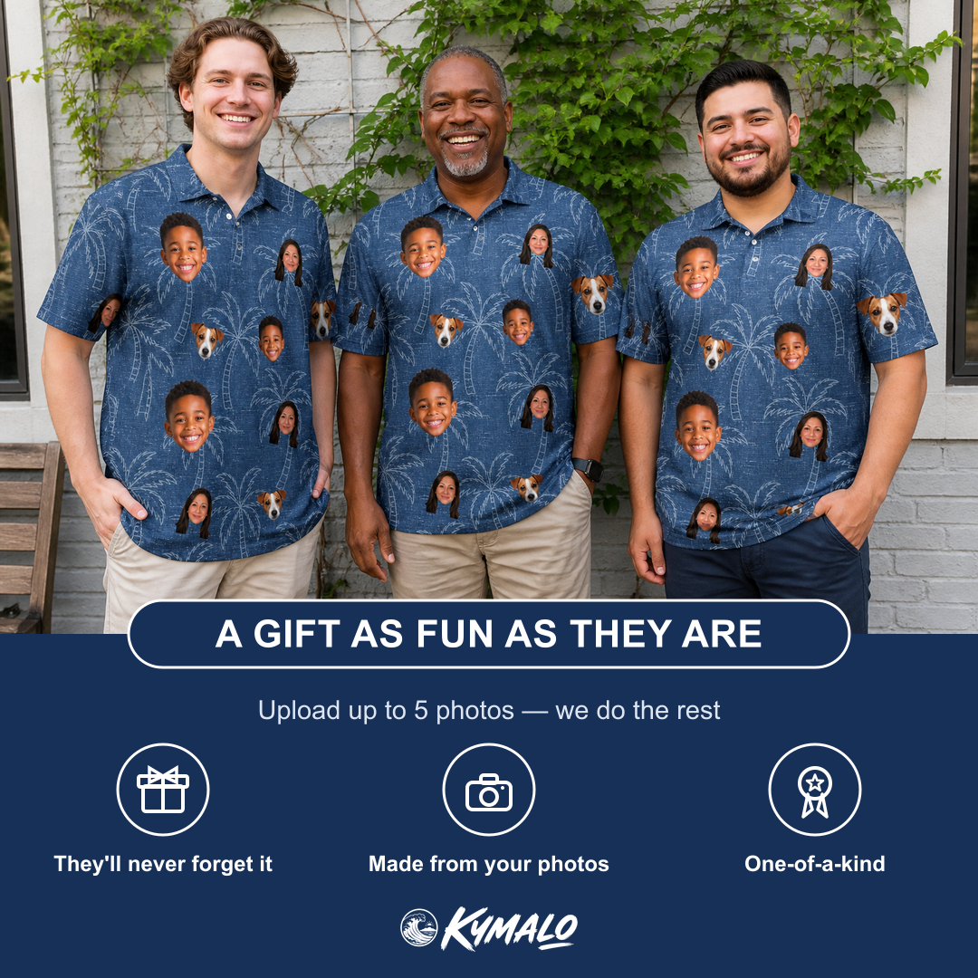 Friends in matching Men's Aloha Arbor Custom Face Polo Shirt — a group gift photo
