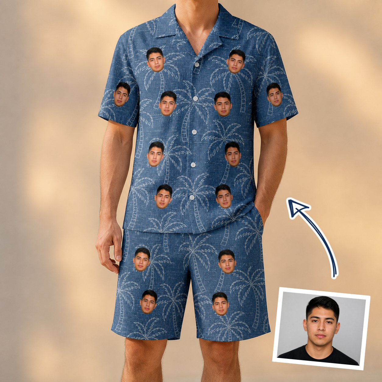 Man wearing Men's Aloha Arbor Custom Face Shirt & Shorts Set — custom faces printed all-over
