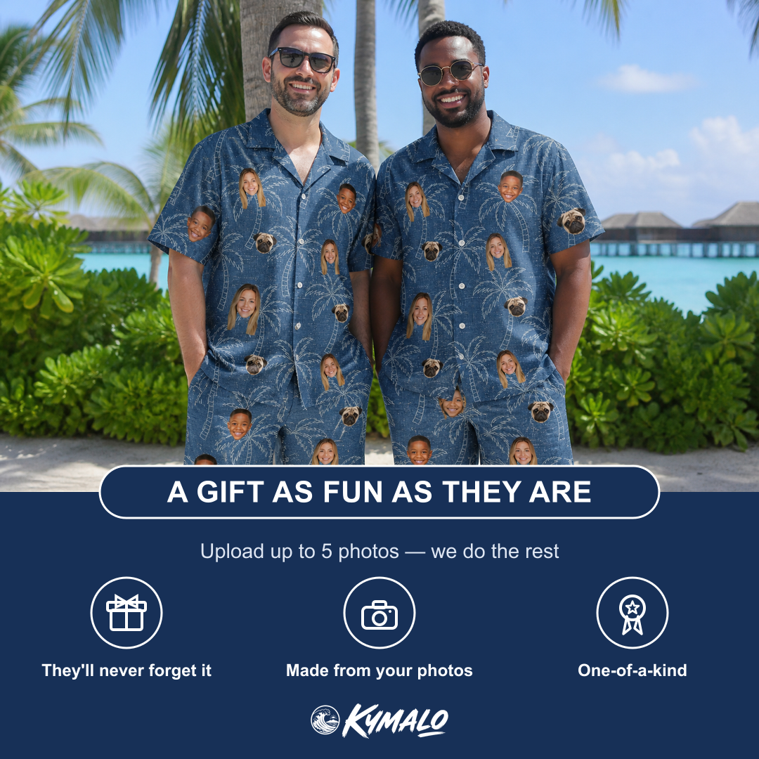 Friends in matching Men's Aloha Arbor Custom Face Shirt & Shorts Set — a group gift photo