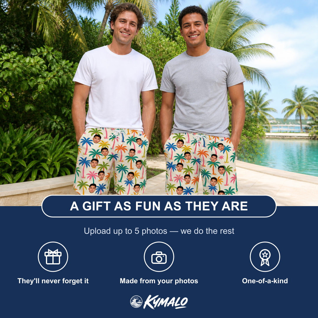 Friends in matching Men's Sunbeam Sprigs Custom Face Beach Shorts — a group gift photo
