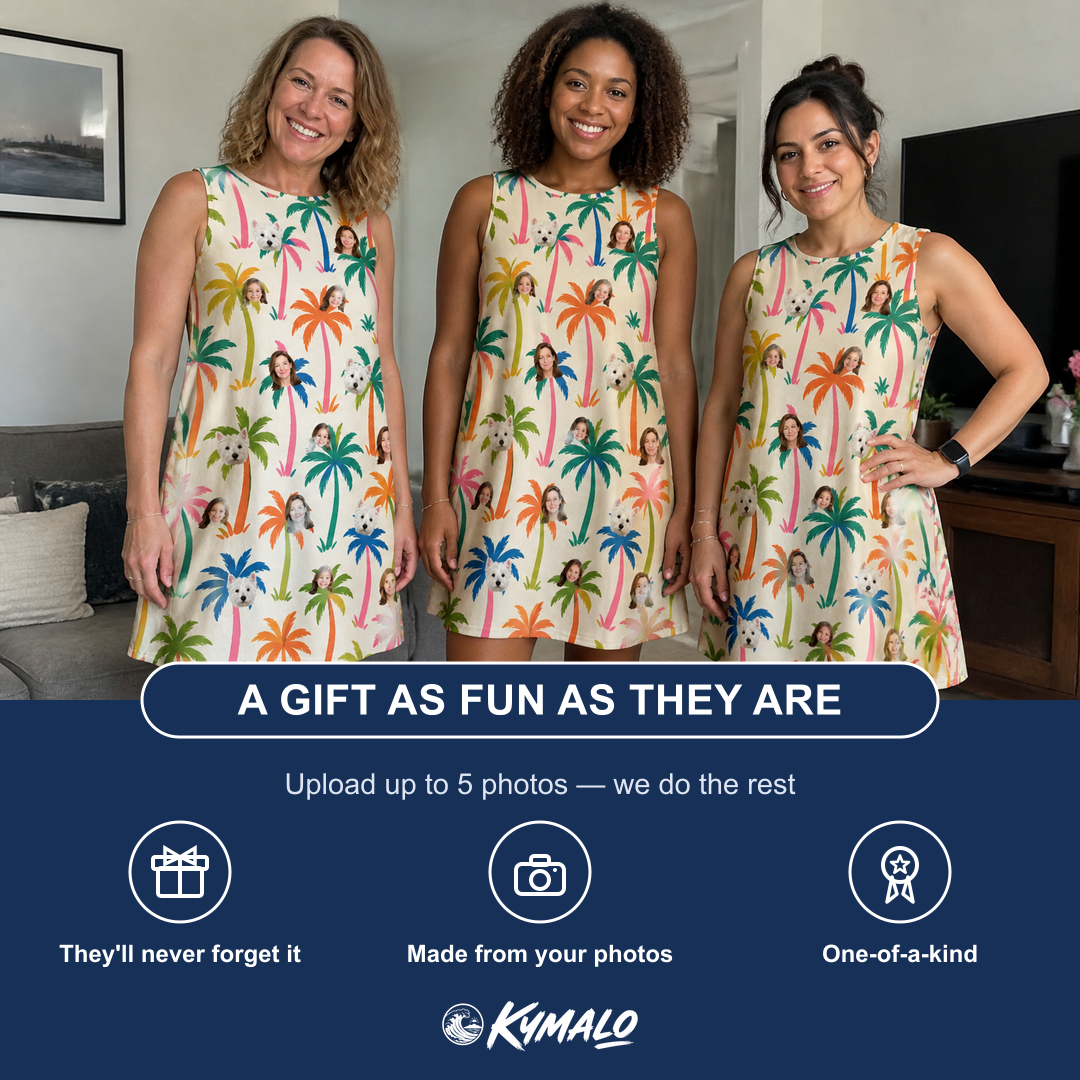 Friends in matching Women's Sunbeam Sprigs Custom Face Tank Dress — a group gift photo
