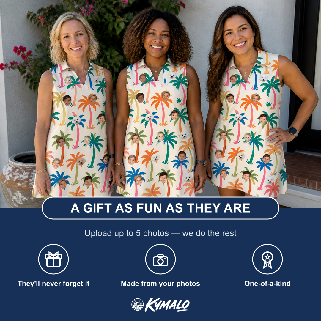 Friends in matching Women's Sunbeam Sprigs Custom Face V-Neck Dress — a group gift photo