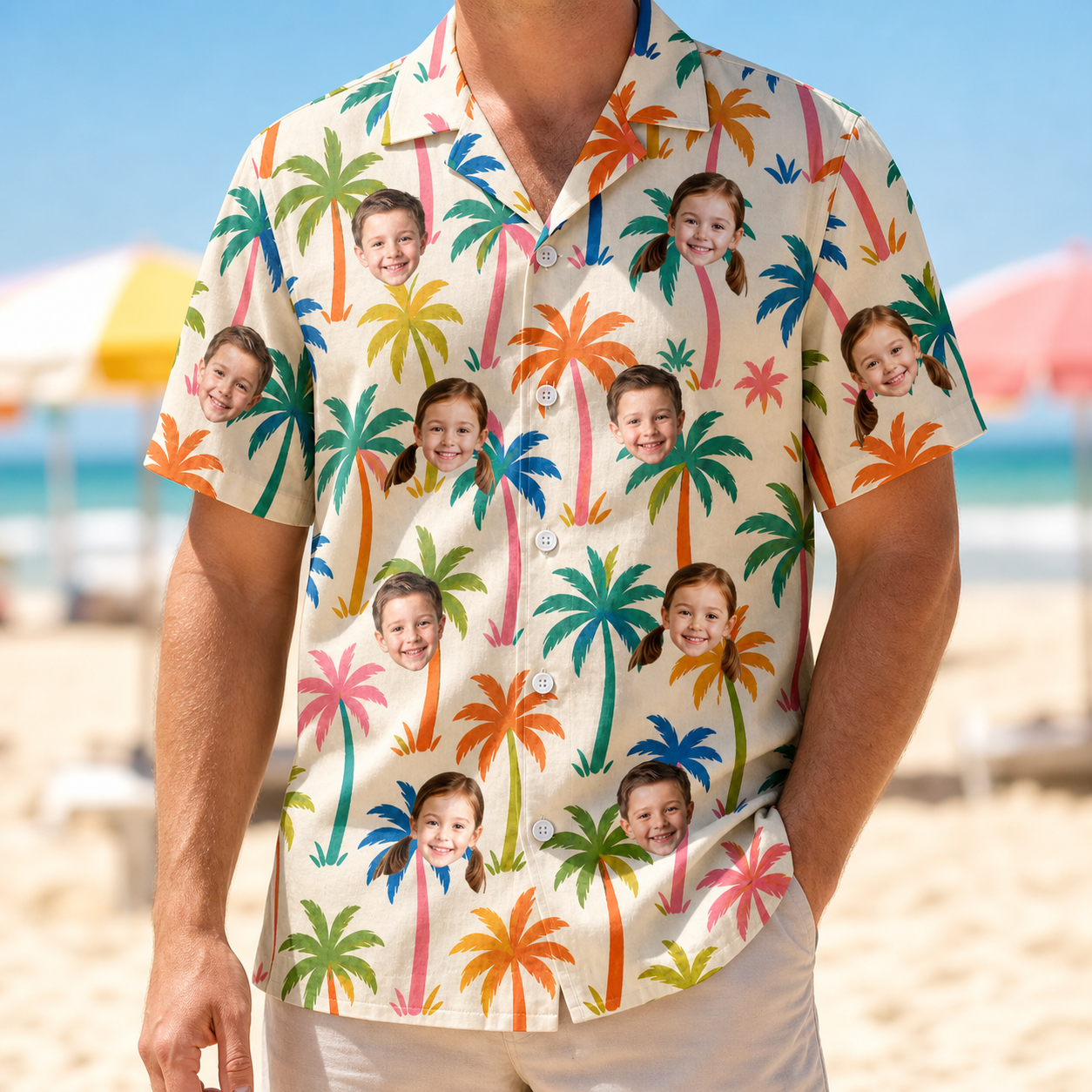 Model wearing Men's Sunbeam Sprigs Custom Face Hawaiian Shirt printed with kids' faces