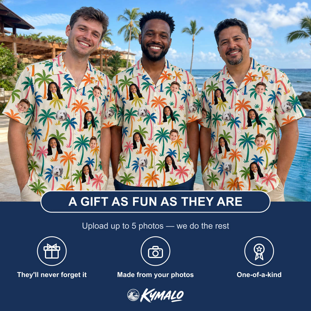 Friends in matching Men's Sunbeam Sprigs Custom Face Hawaiian Shirt — a group gift photo