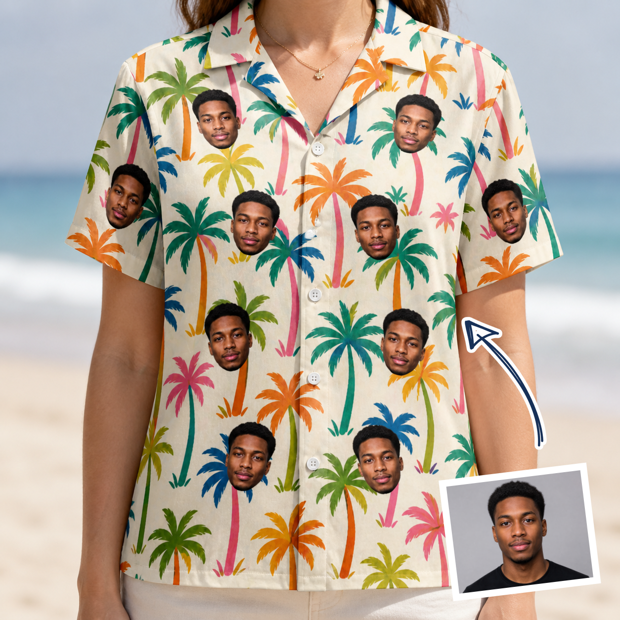 Woman wearing Women's Sunbeam Sprigs Custom Face Hawaiian Shirt — custom faces printed all-over