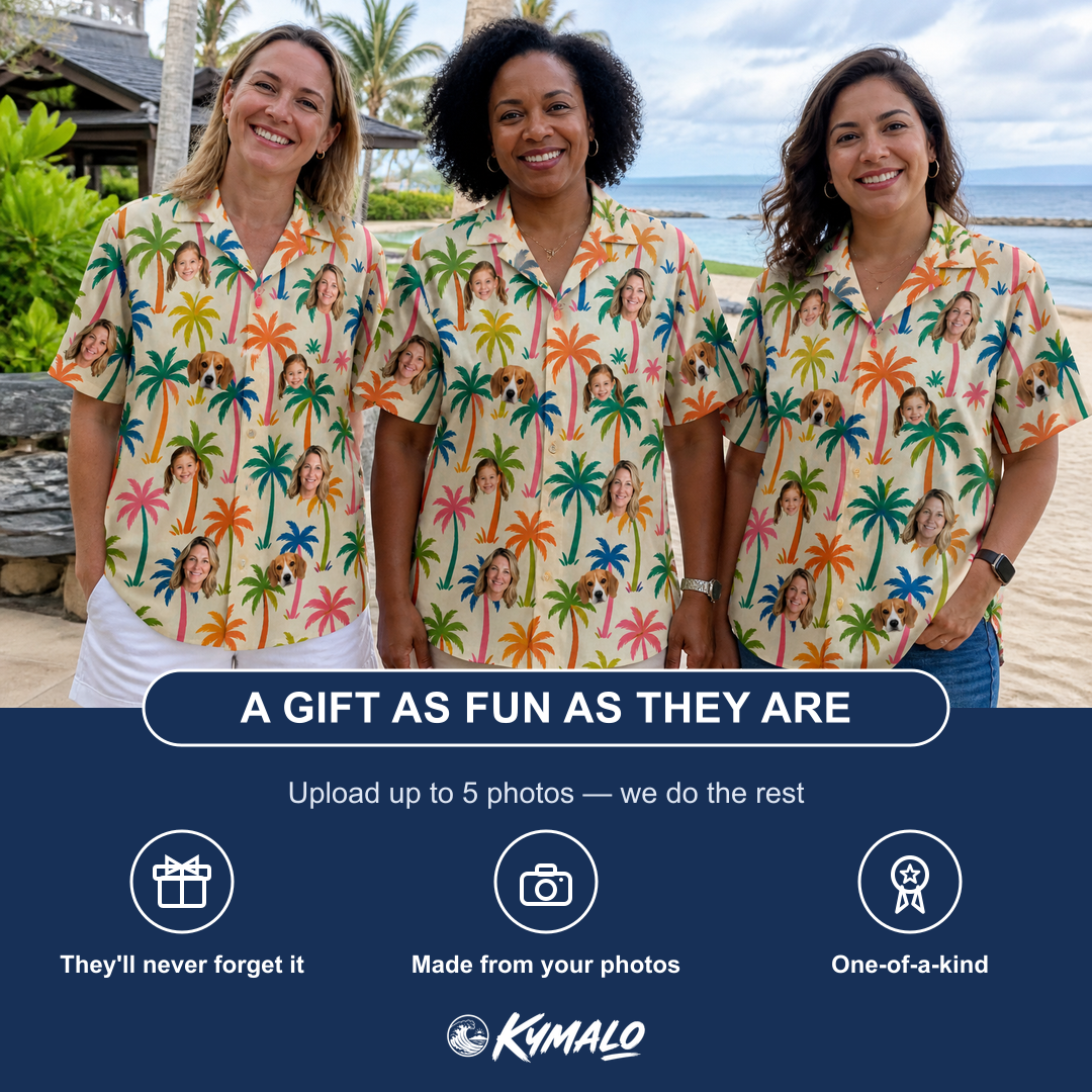 Friends in matching Women's Sunbeam Sprigs Custom Face Hawaiian Shirt — a group gift photo