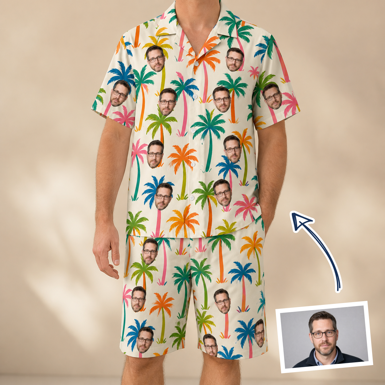 Man wearing Men's Sunbeam Sprigs Custom Face Shirt & Shorts Set — custom faces printed all-over