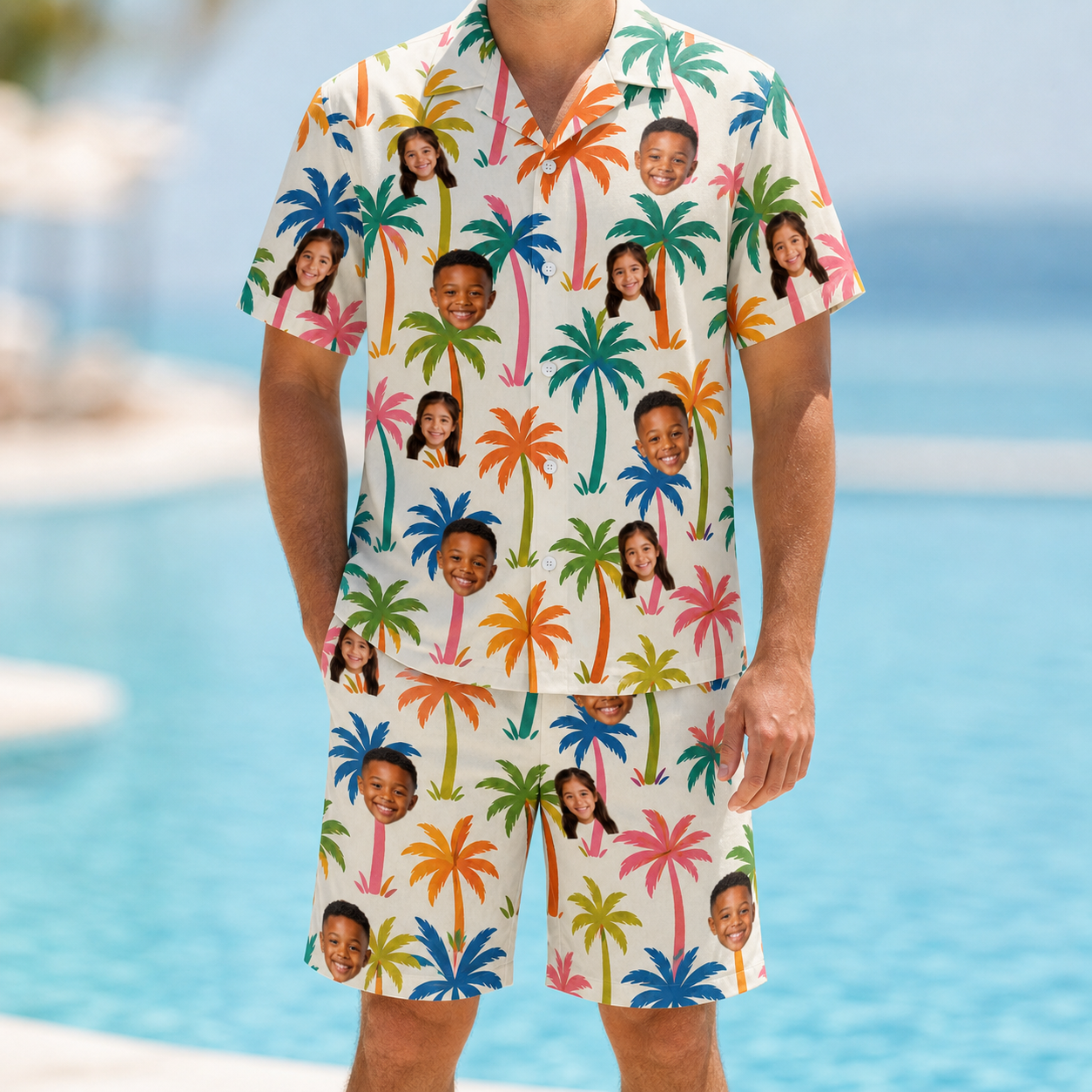 Model wearing Men's Sunbeam Sprigs Custom Face Shirt & Shorts Set printed with kids' faces