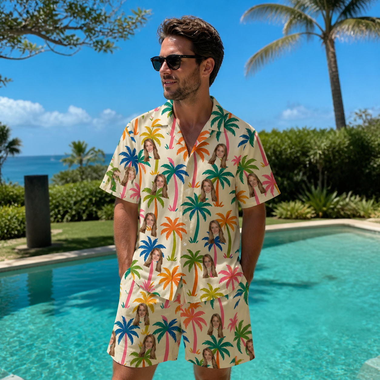 Real-life photo of someone wearing Men's Sunbeam Sprigs Custom Face Shirt & Shorts Set — custom faces printed all-over