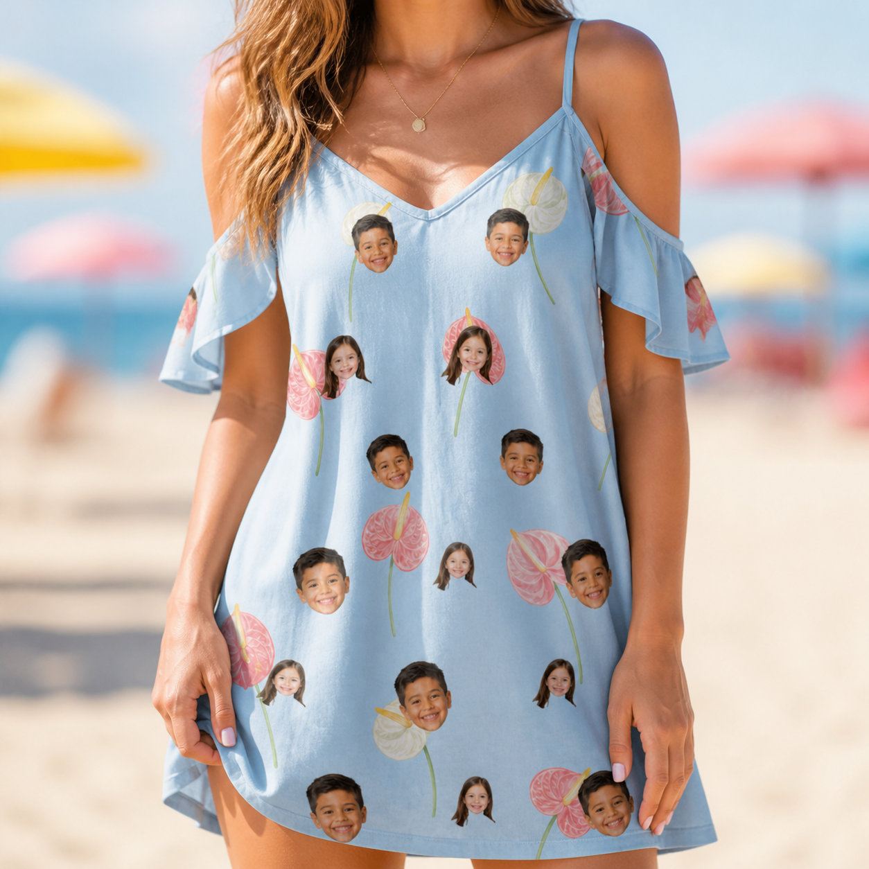 Model wearing Women's Spatha Spark Custom Face Off-Shoulder Dress printed with kids' faces