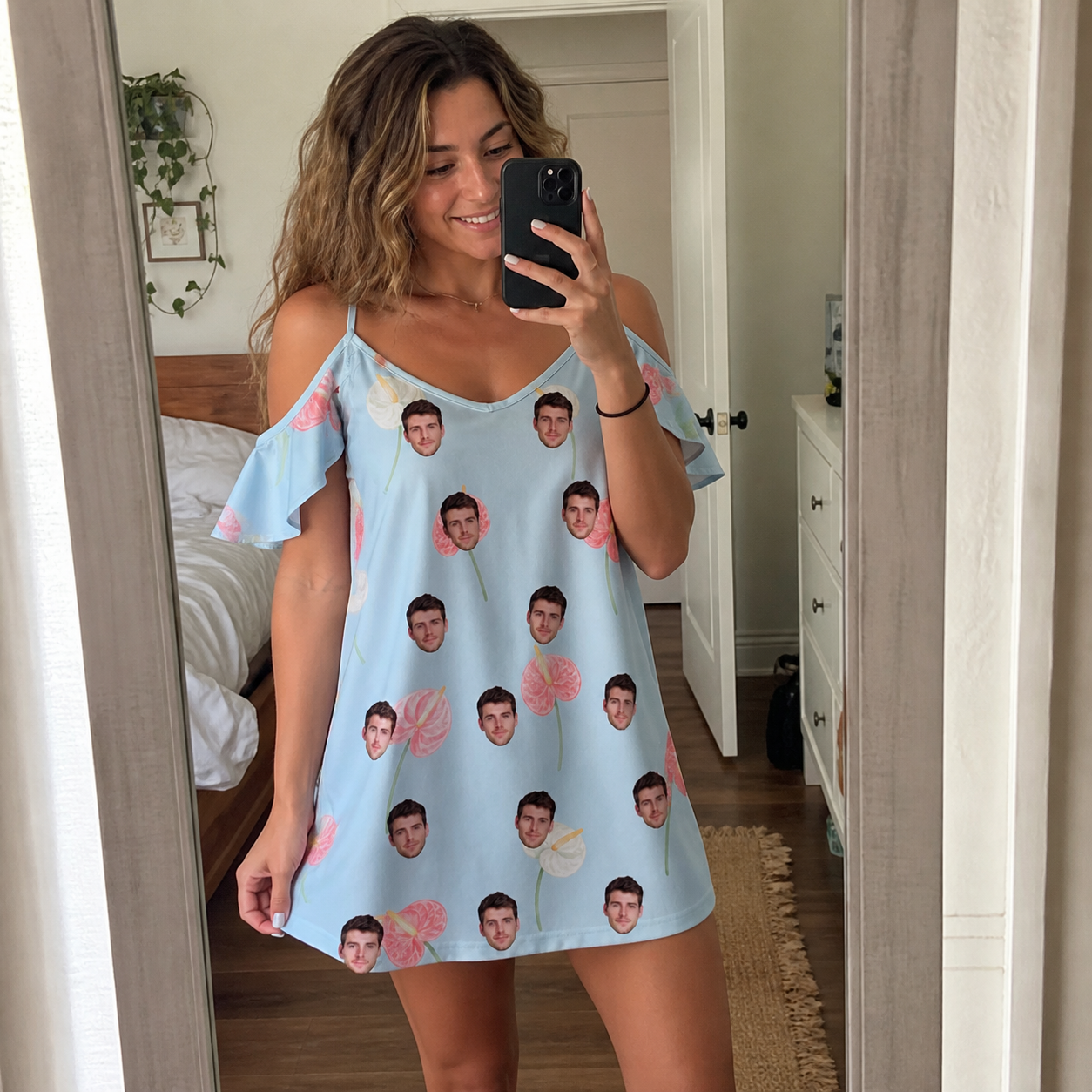 Real-life photo of someone wearing Women's Spatha Spark Custom Face Off-Shoulder Dress — custom faces printed all-over