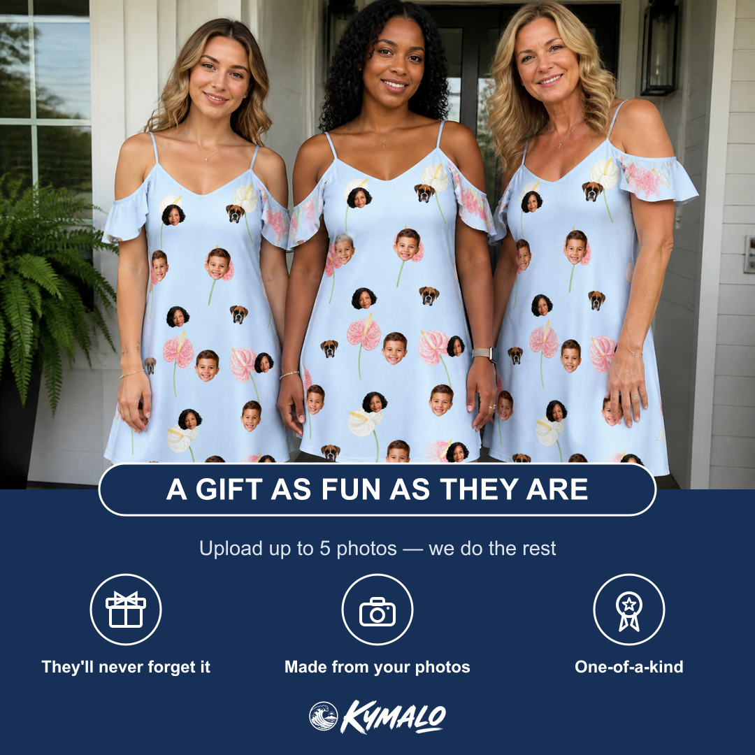 Friends in matching Women's Spatha Spark Custom Face Off-Shoulder Dress — a group gift photo