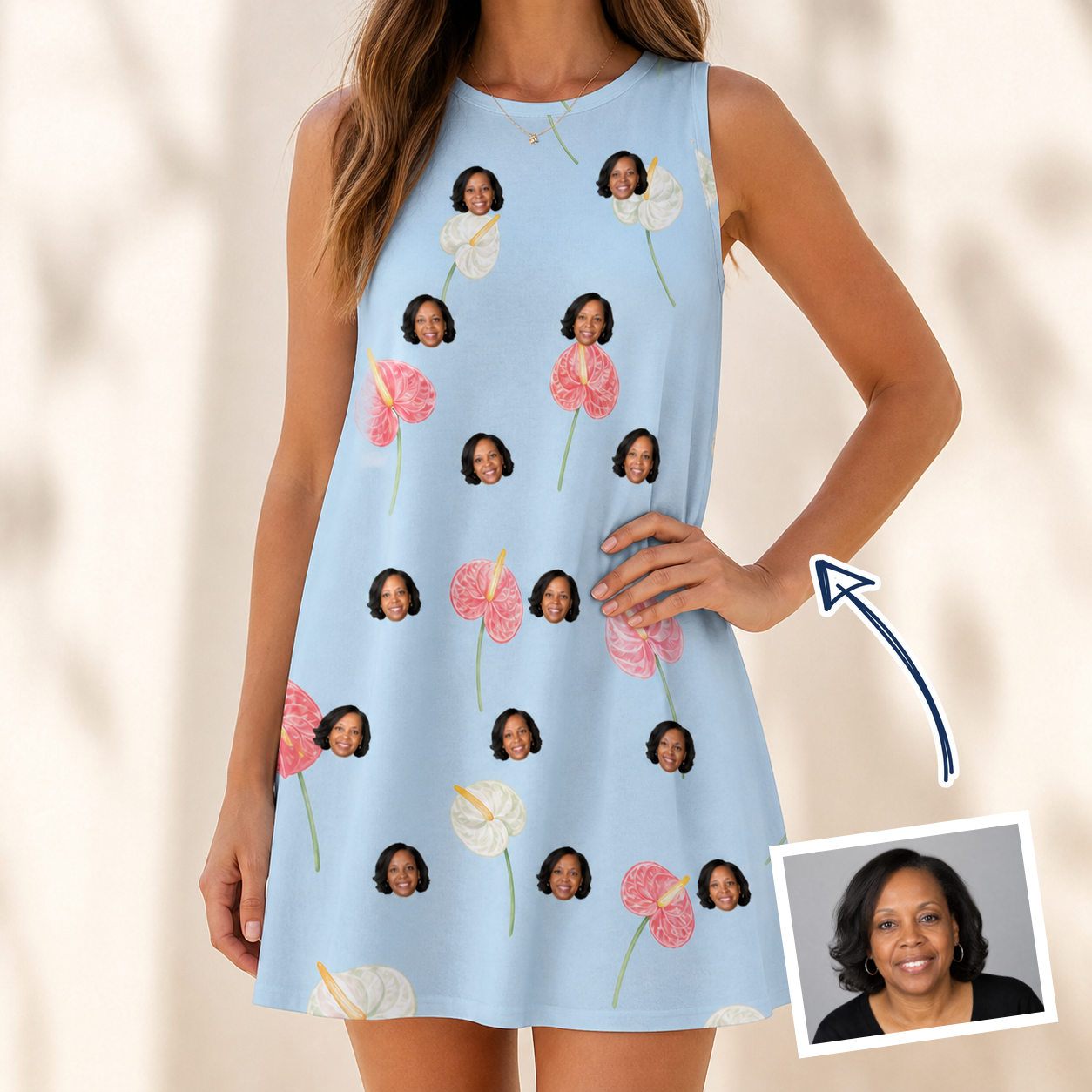 Woman wearing Women's Spatha Spark Custom Face Tank Dress — custom faces printed all-over