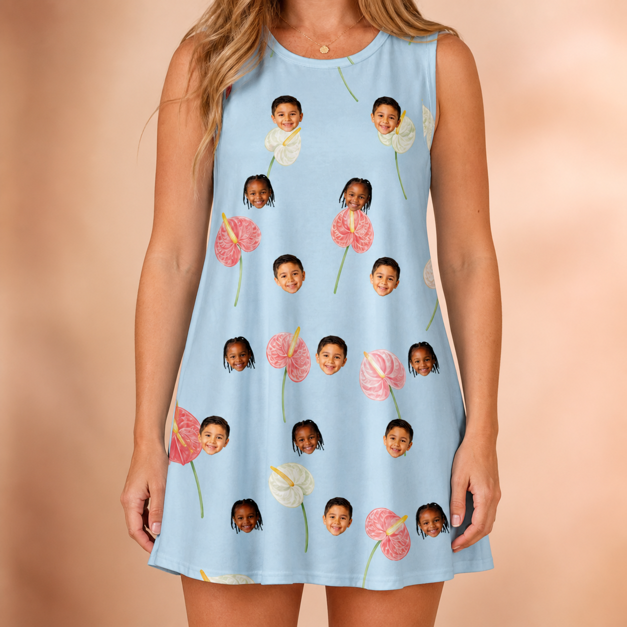 Model wearing Women's Spatha Spark Custom Face Tank Dress printed with kids' faces
