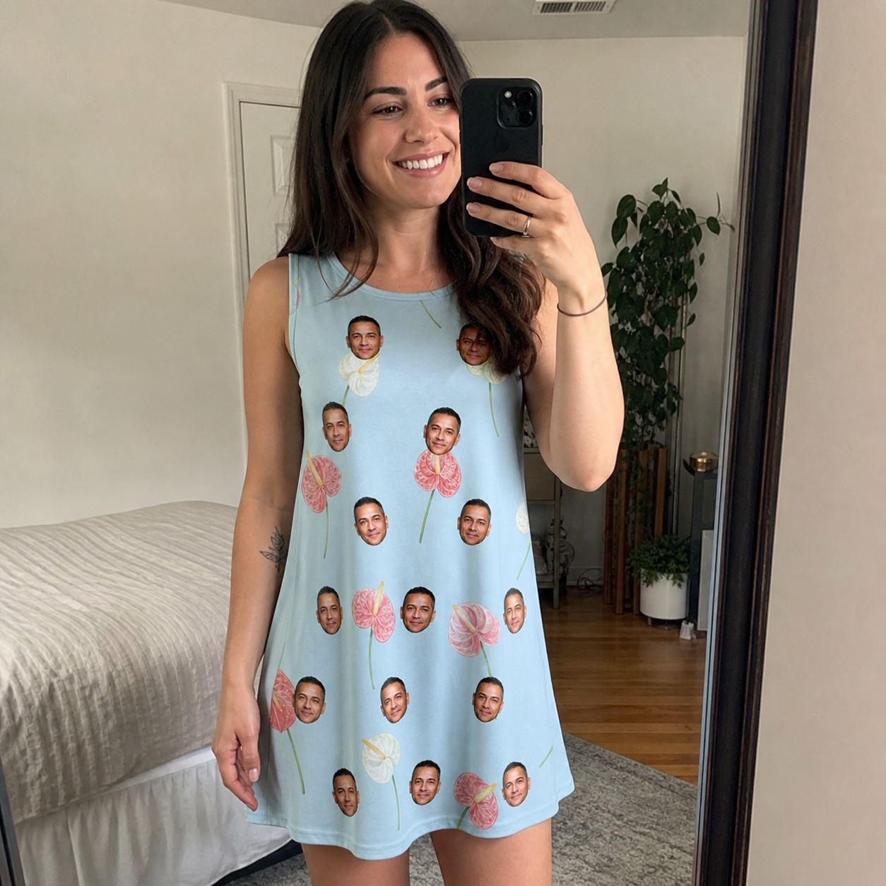 Real-life photo of someone wearing Women's Spatha Spark Custom Face Tank Dress — custom faces printed all-over