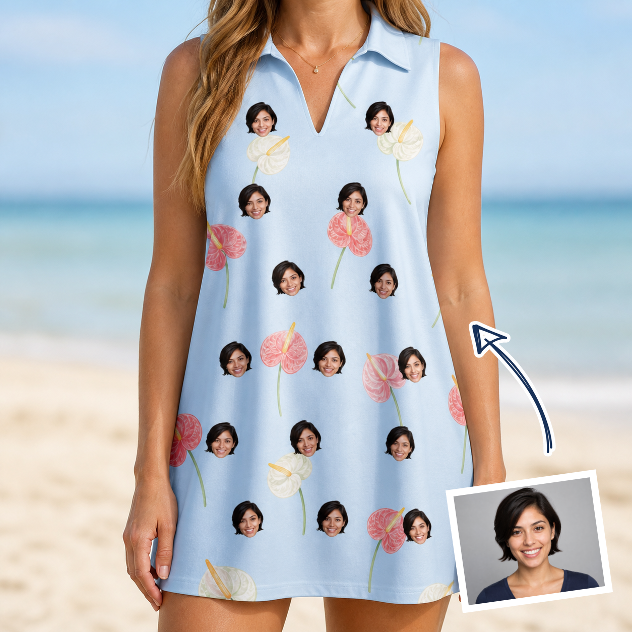 Woman wearing Women's Spatha Spark Custom Face V-Neck Dress — custom faces printed all-over