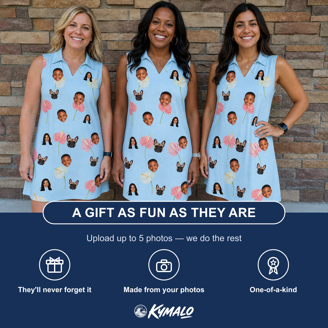 Friends in matching Women's Spatha Spark Custom Face V-Neck Dress — a group gift photo