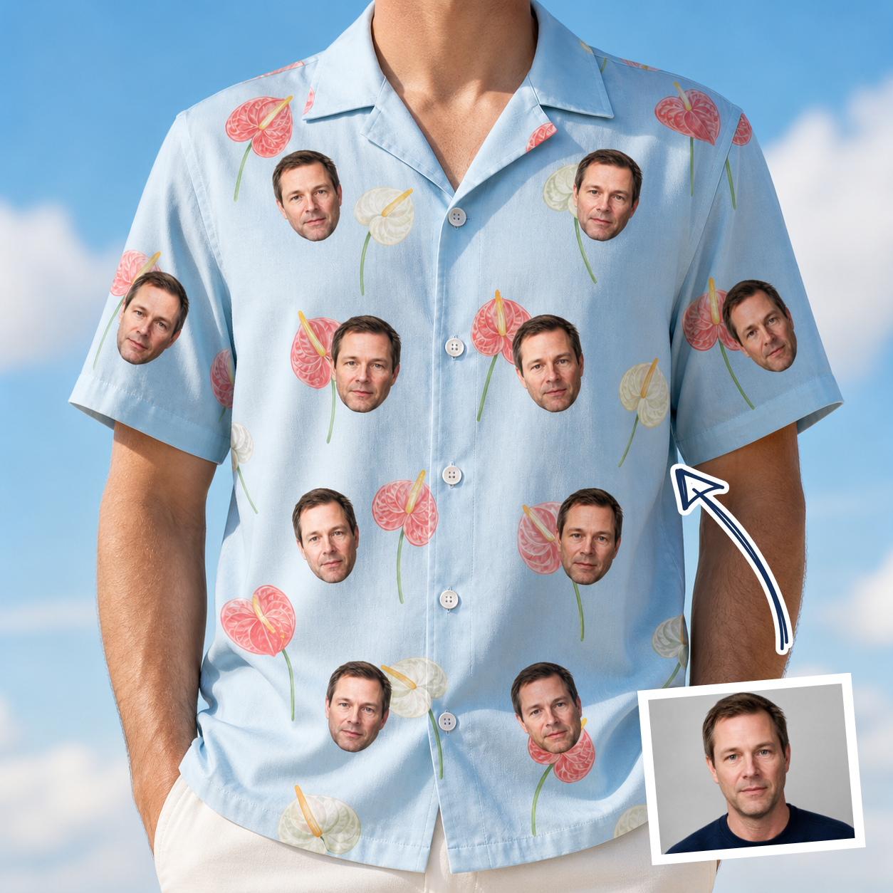 Man wearing Men's Spatha Spark Custom Face Hawaiian Shirt — custom faces printed all-over