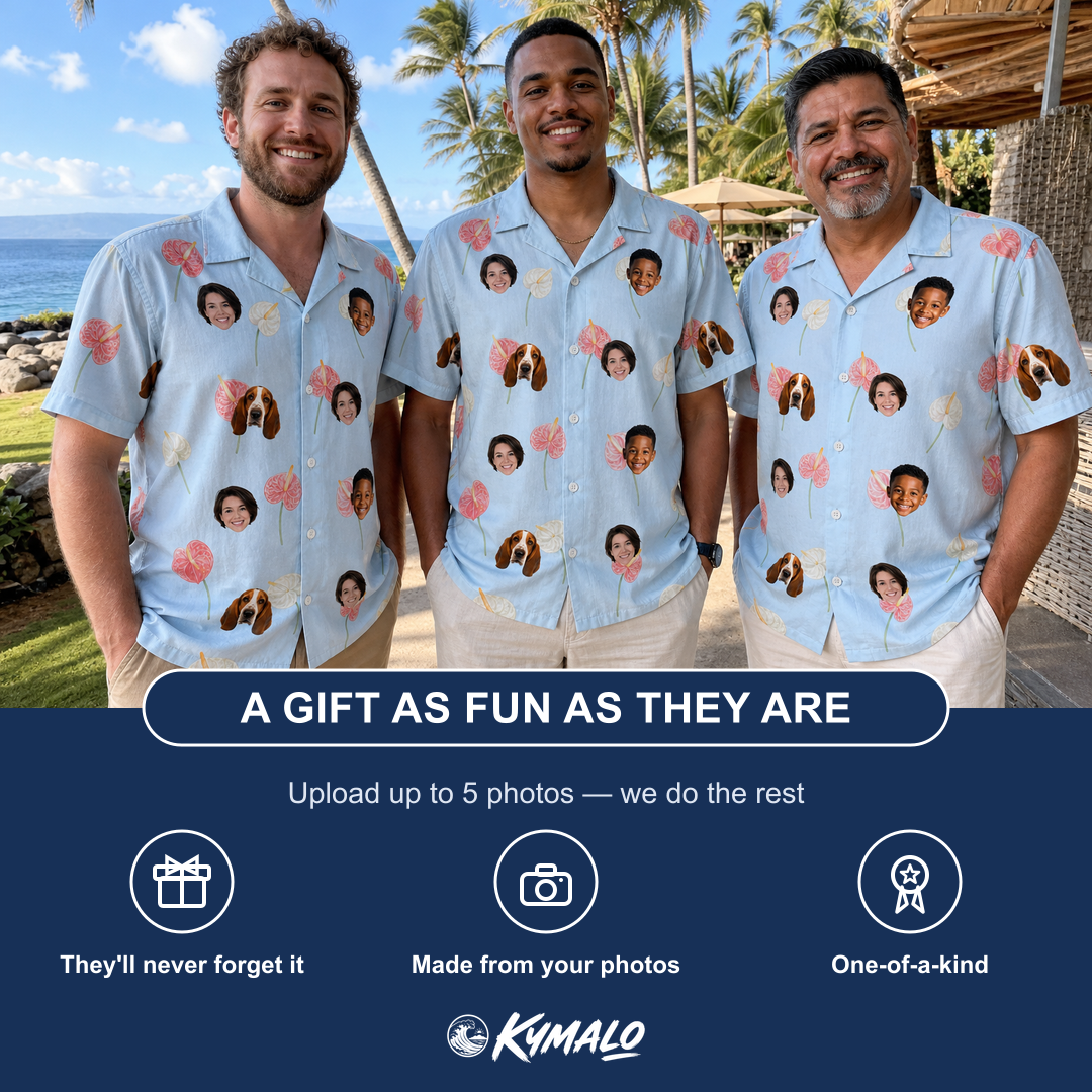 Friends in matching Men's Spatha Spark Custom Face Hawaiian Shirt — a group gift photo