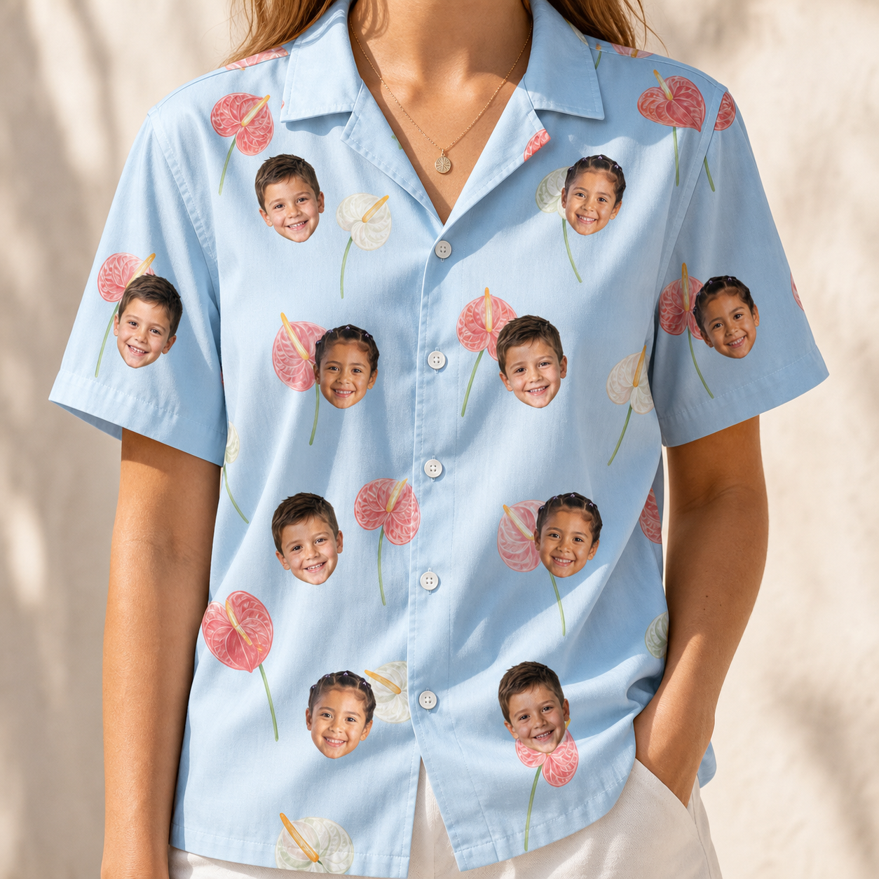 Model wearing Women's Spatha Spark Custom Face Hawaiian Shirt printed with kids' faces
