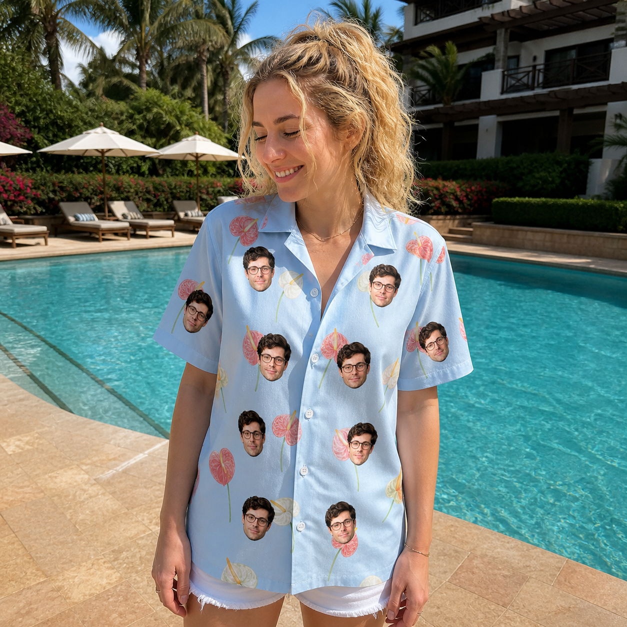 Real-life photo of someone wearing Women's Spatha Spark Custom Face Hawaiian Shirt — custom faces printed all-over