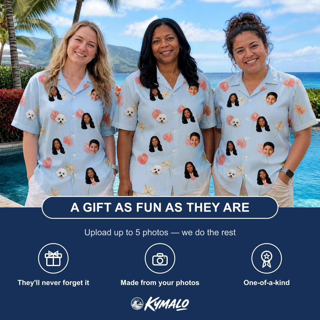 Friends in matching Women's Spatha Spark Custom Face Hawaiian Shirt — a group gift photo