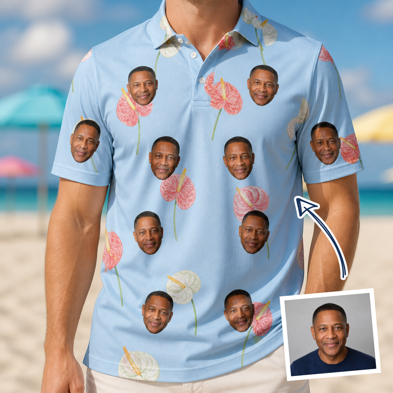 Man wearing Men's Spatha Spark Custom Face Polo Shirt — custom faces printed all-over
