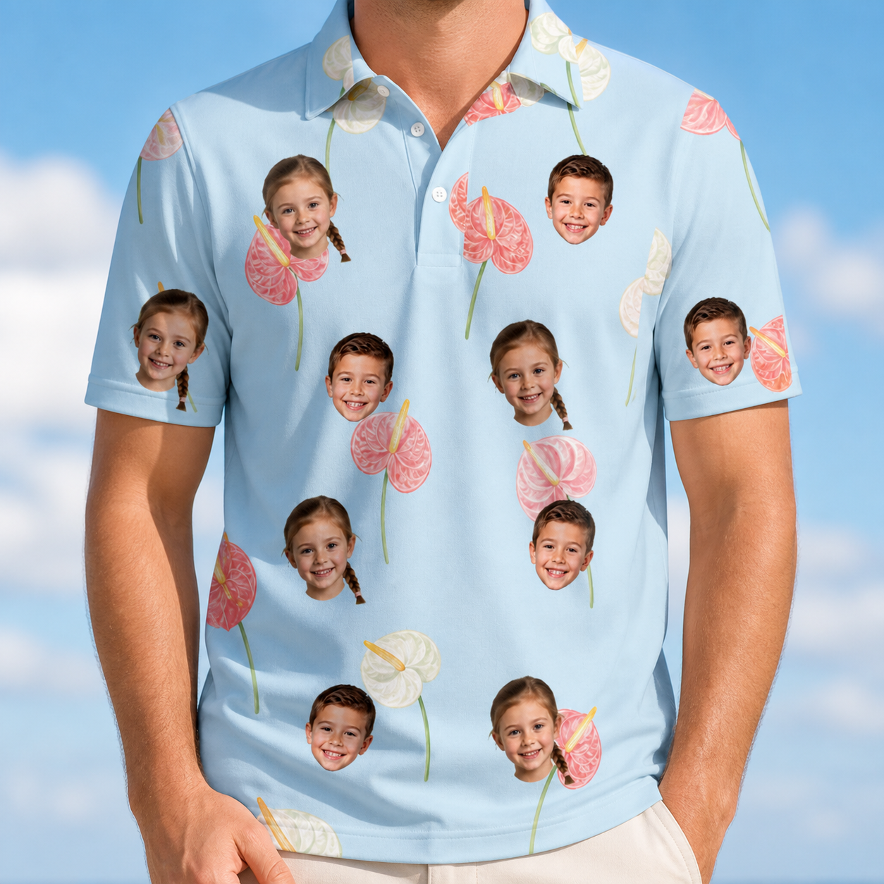Model wearing Men's Spatha Spark Custom Face Polo Shirt printed with kids' faces