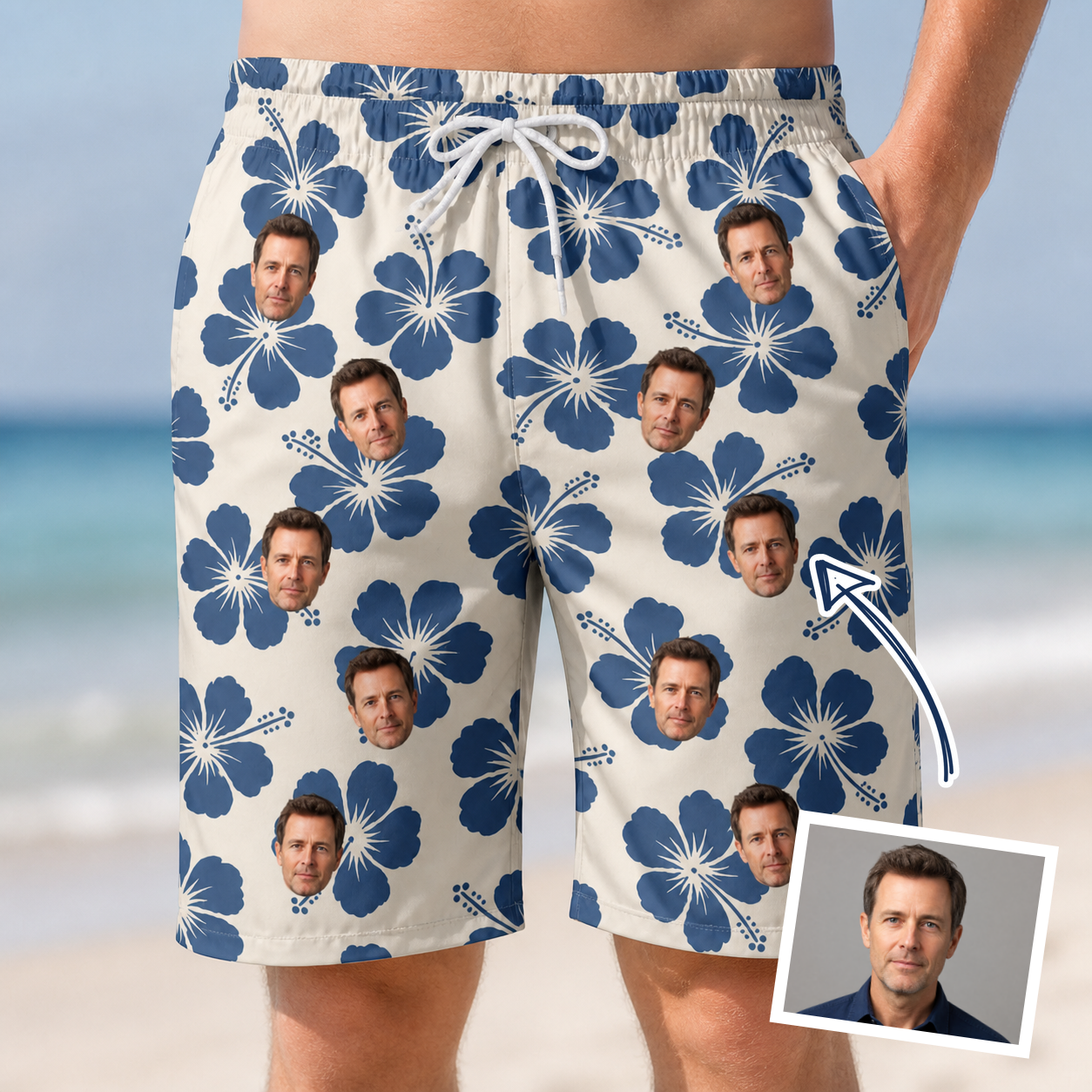Man wearing Men's Flora Fiesta Custom Face Beach Shorts — custom faces printed all-over