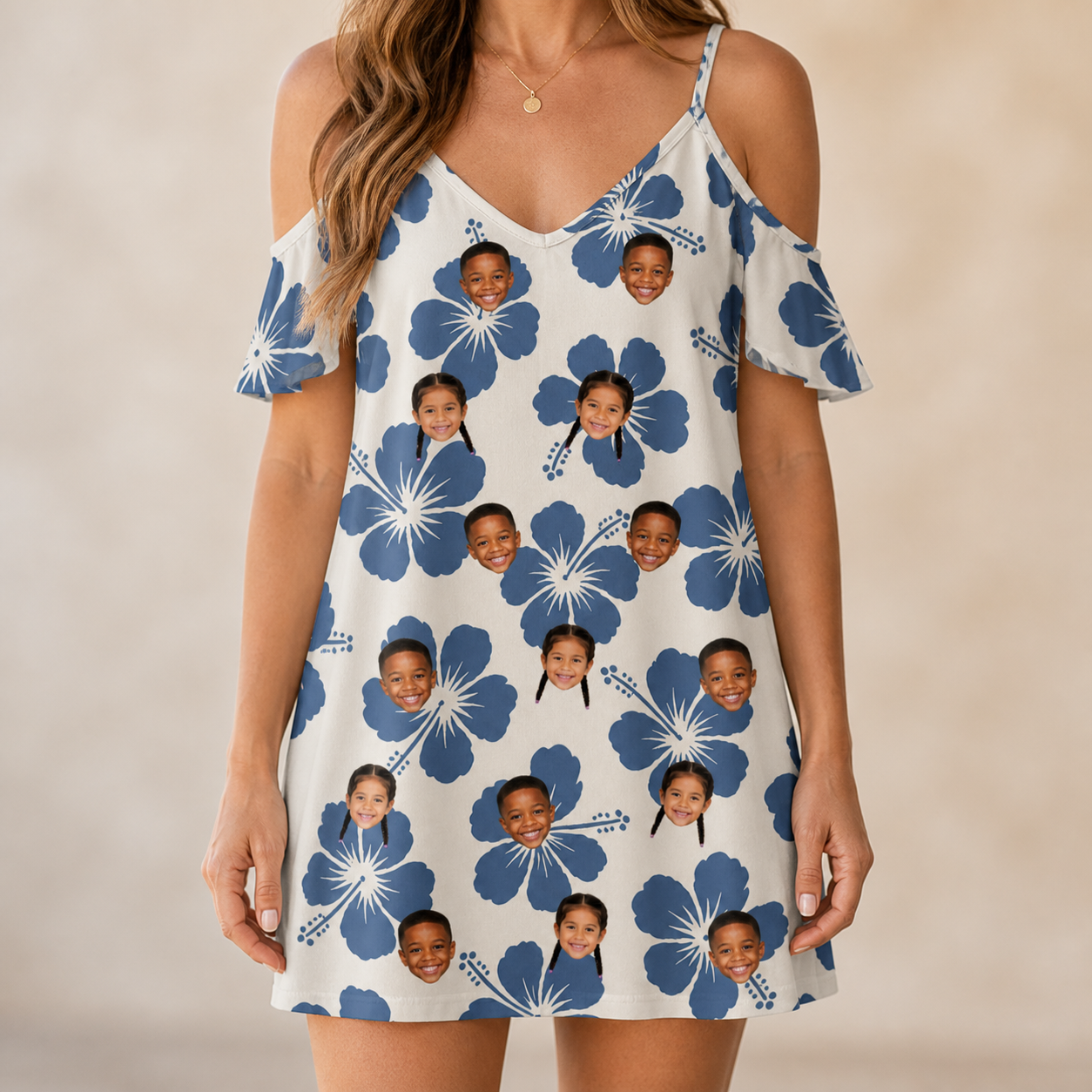 Model wearing Women's Flora Fiesta Custom Face Off-Shoulder Dress printed with kids' faces