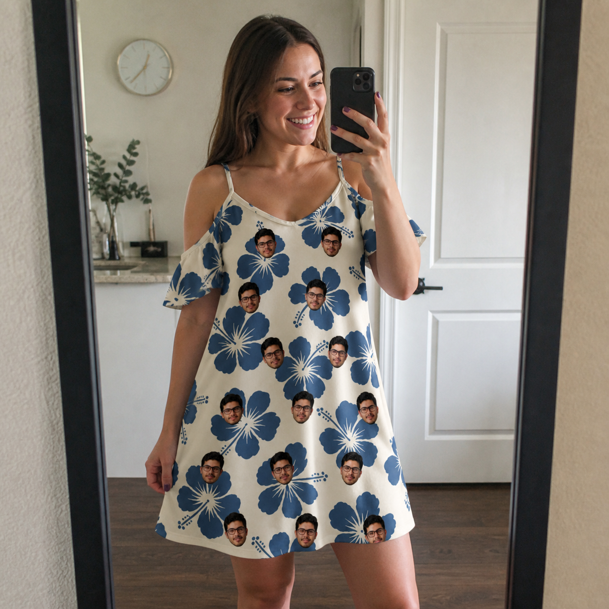 Real-life photo of someone wearing Women's Flora Fiesta Custom Face Off-Shoulder Dress — custom faces printed all-over