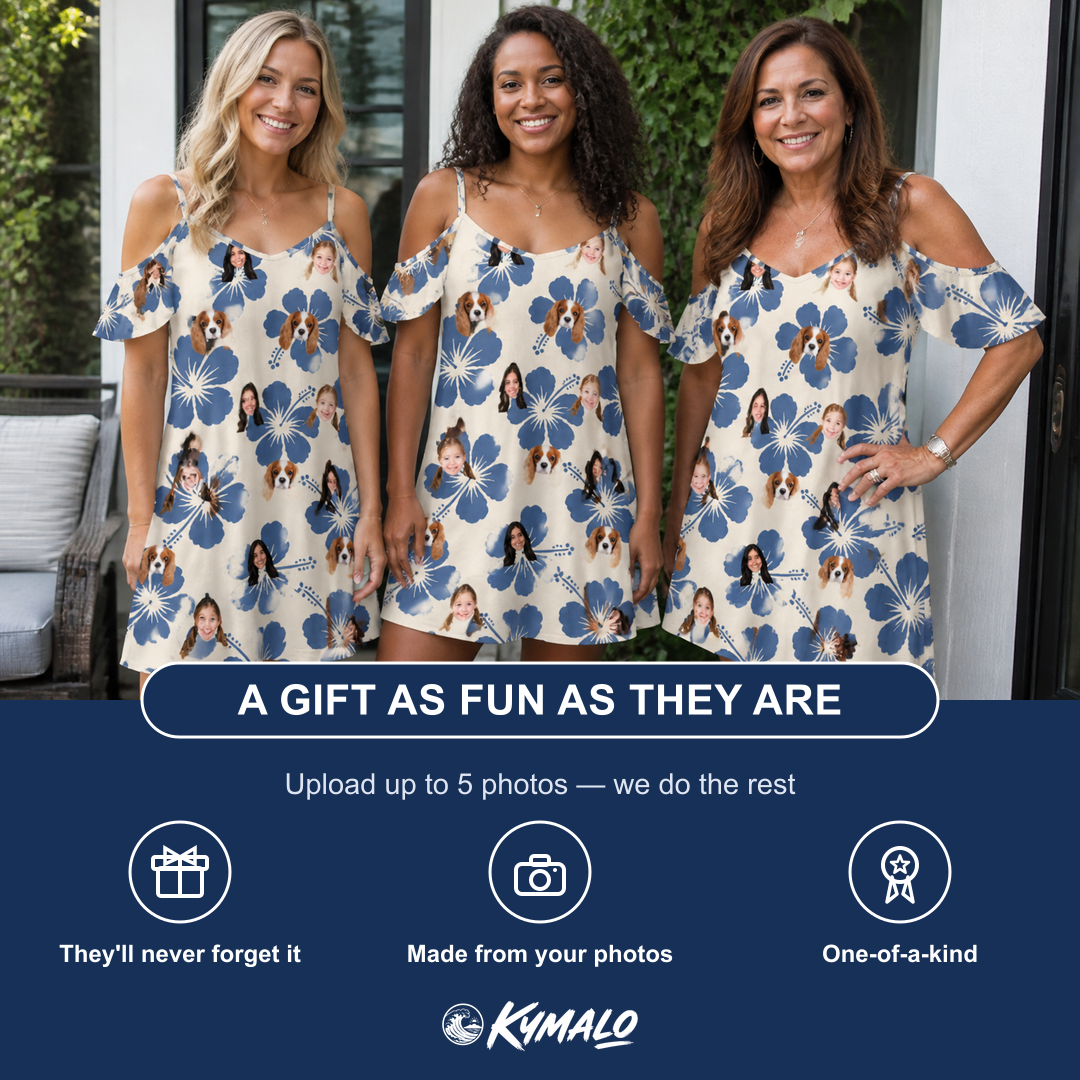 Friends in matching Women's Flora Fiesta Custom Face Off-Shoulder Dress — a group gift photo