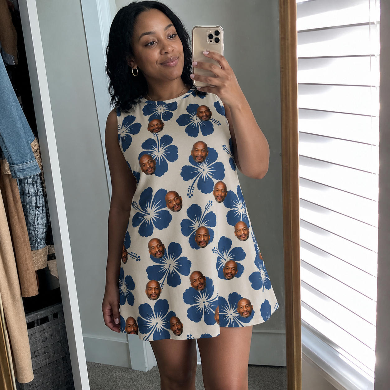 Real-life photo of someone wearing Women's Flora Fiesta Custom Face Tank Dress — custom faces printed all-over