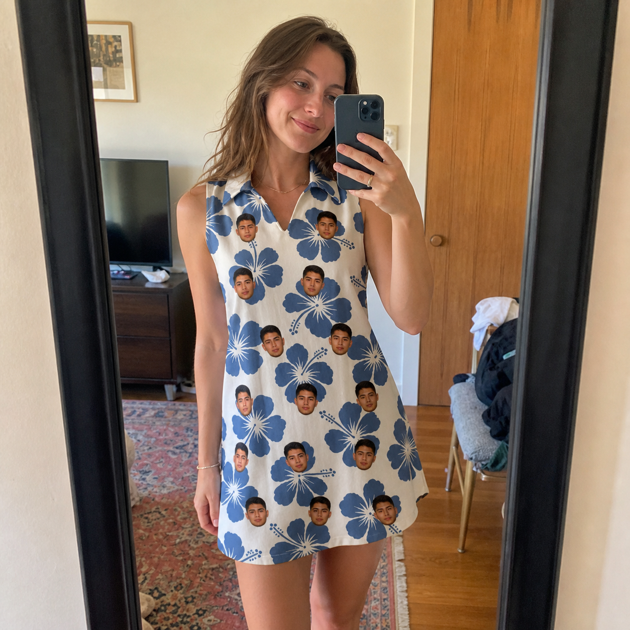 Real-life photo of someone wearing Women's Flora Fiesta Custom Face V-Neck Dress — custom faces printed all-over