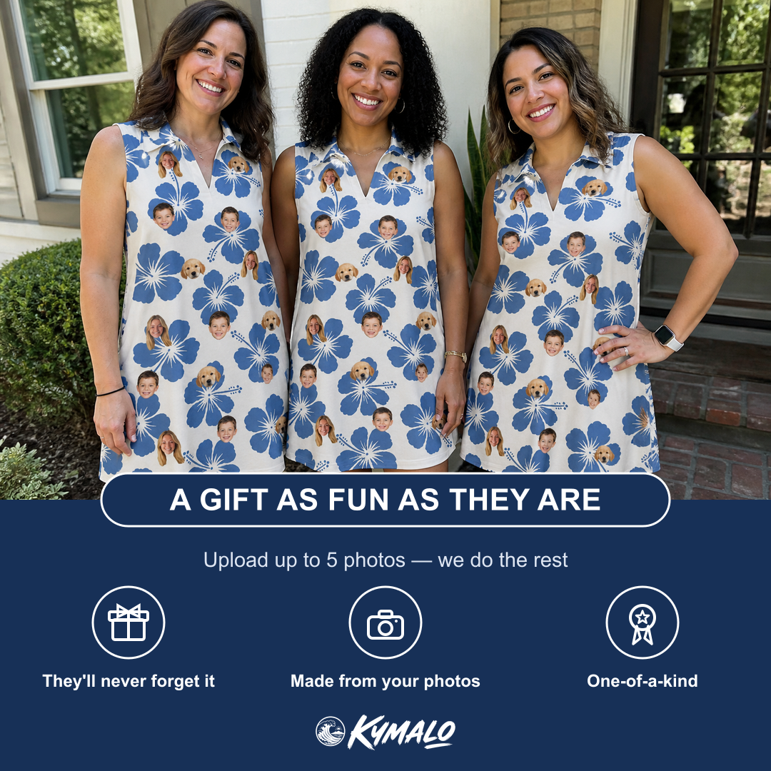 Friends in matching Women's Flora Fiesta Custom Face V-Neck Dress — a group gift photo