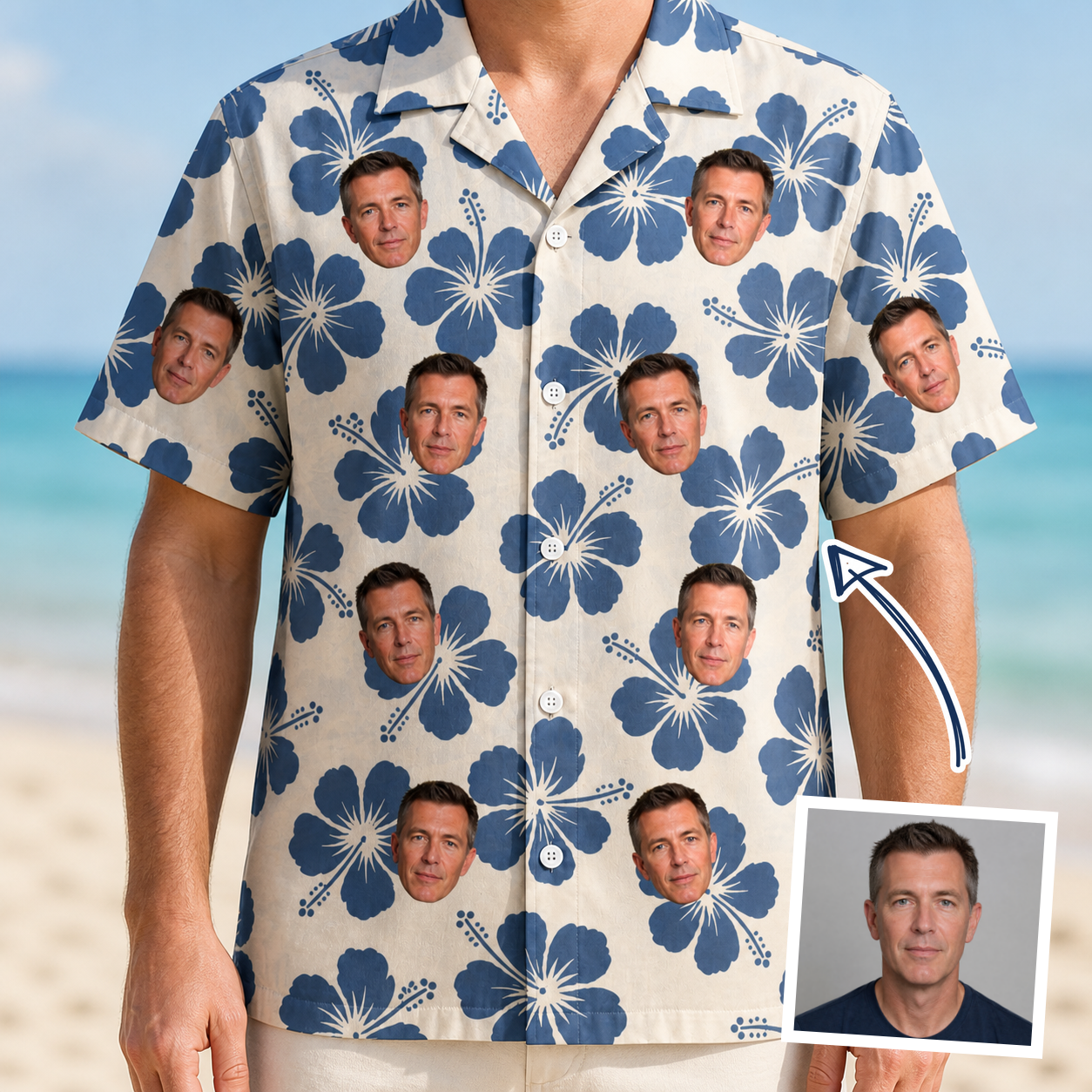 Man wearing Men's Flora Fiesta Custom Face Hawaiian Shirt — custom faces printed all-over