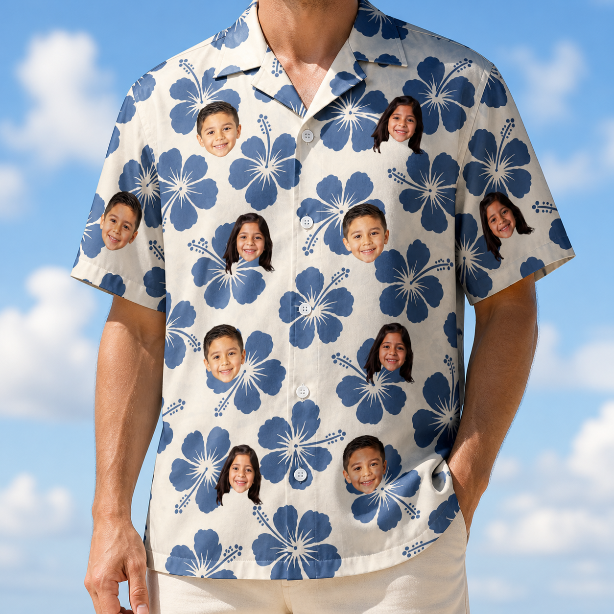 Model wearing Men's Flora Fiesta Custom Face Hawaiian Shirt printed with kids' faces