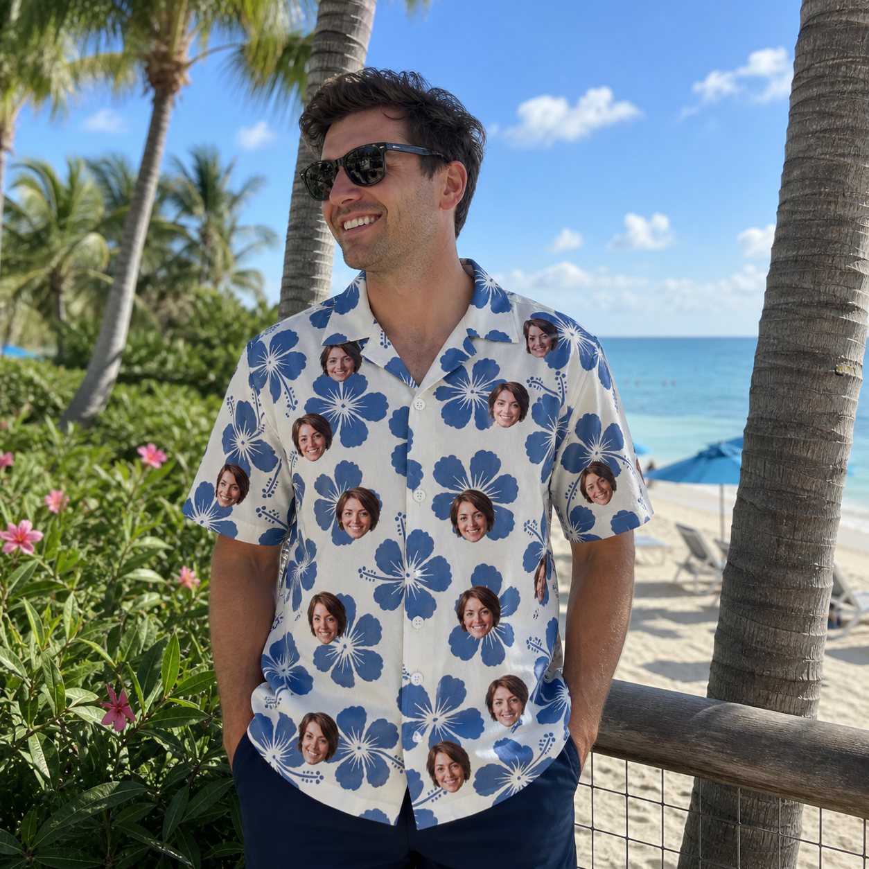 Real-life photo of someone wearing Men's Flora Fiesta Custom Face Hawaiian Shirt — custom faces printed all-over