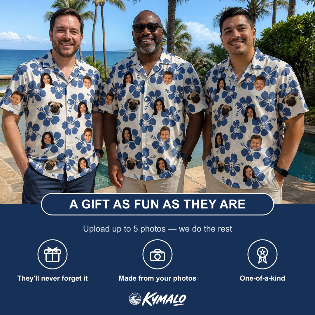 Friends in matching Men's Flora Fiesta Custom Face Hawaiian Shirt — a group gift photo
