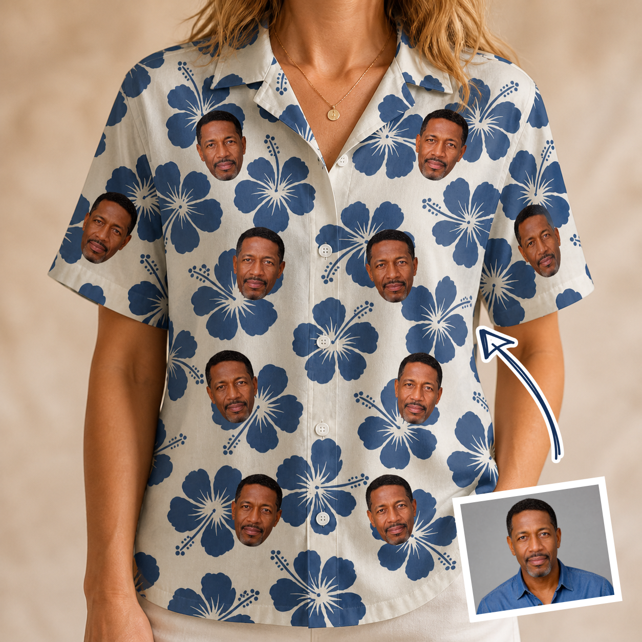 Woman wearing Women's Flora Fiesta Custom Face Hawaiian Shirt — custom faces printed all-over