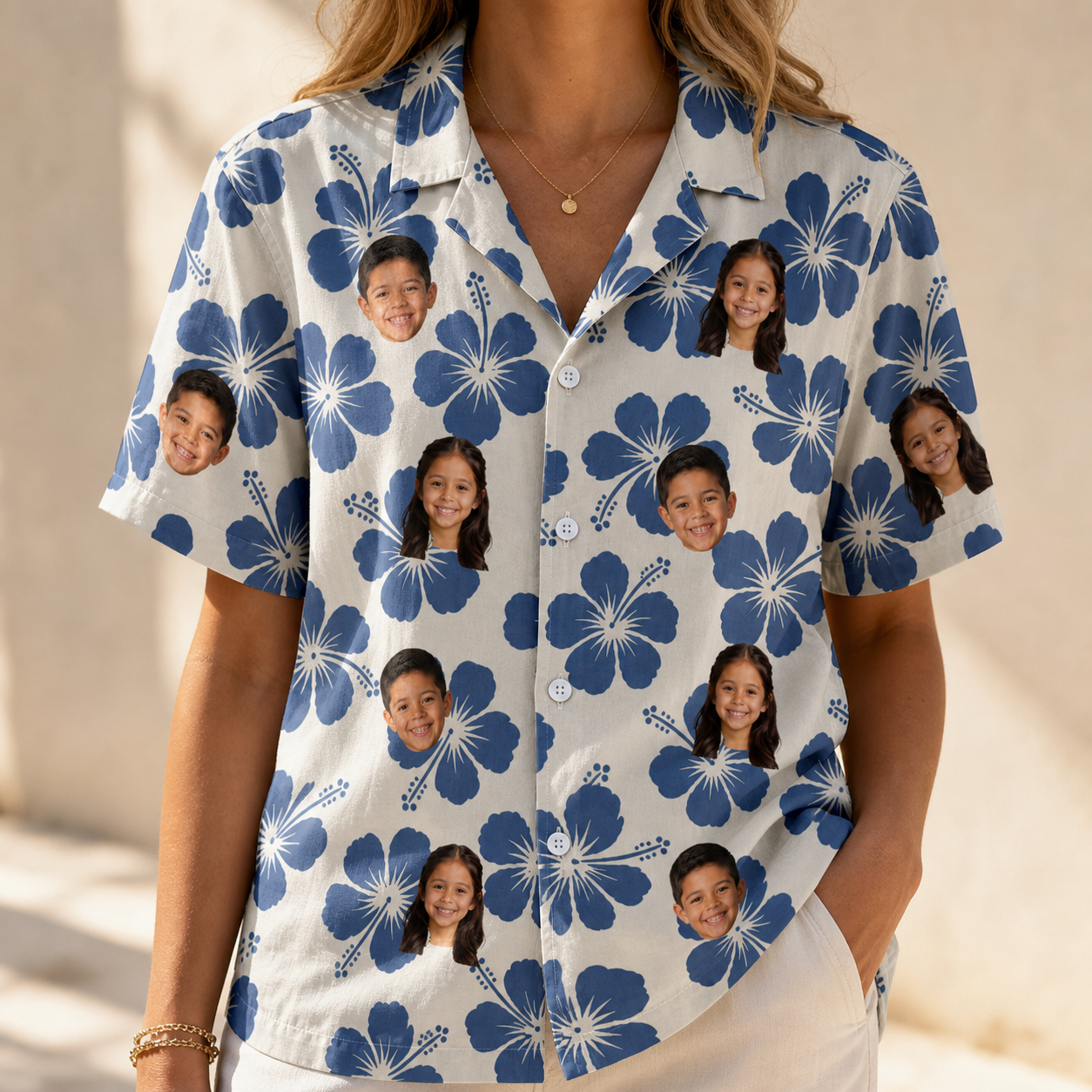 Model wearing Women's Flora Fiesta Custom Face Hawaiian Shirt printed with kids' faces