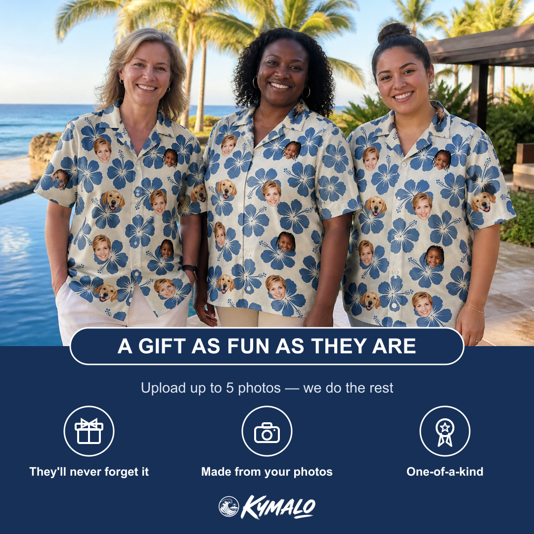 Friends in matching Women's Flora Fiesta Custom Face Hawaiian Shirt — a group gift photo