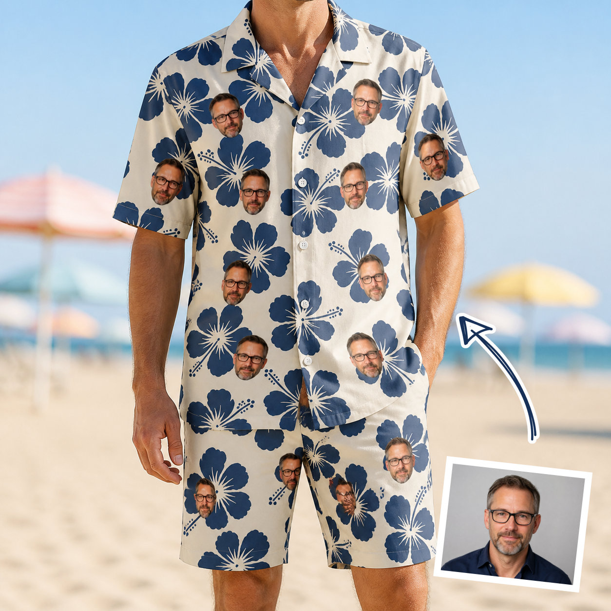 Man wearing Men's Flora Fiesta Custom Face Shirt & Shorts Set — custom faces printed all-over